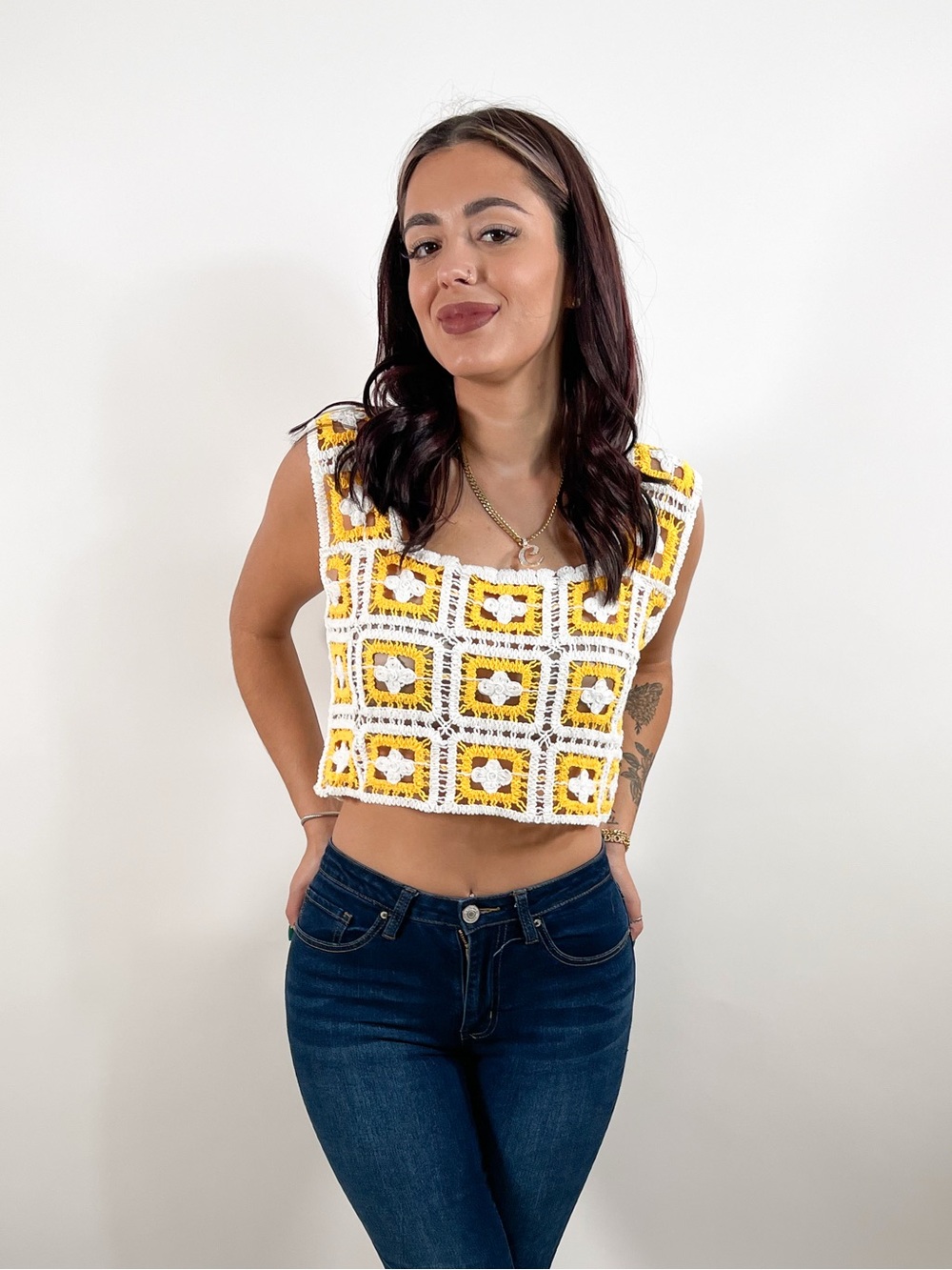 Crochet Square-Pattern Yellow & White Crop Top